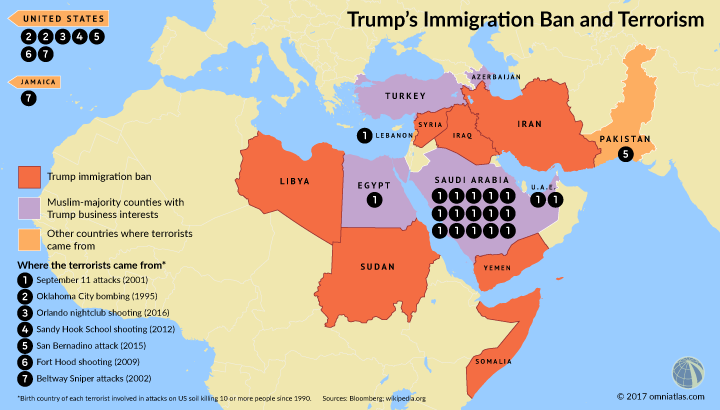 Map of Trump's 'Muslim' immigration ban compared to countries where terrorists came from