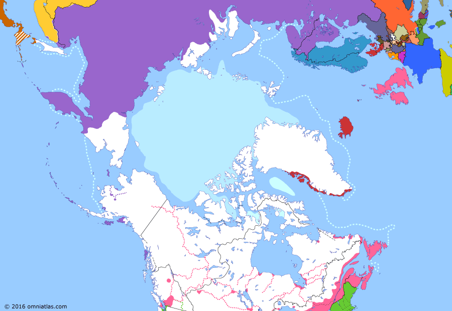 Political map of the Arctic & the Far North on 13 Aug 1859 (Partitioning the North Pacific: Amur Acquisition), showing the following events: Sevastopol falls; Treaty of Paris; Second Opium War; Fraser Canyon Gold Rush; Treaty of Aigun; Colony of British Columbia; Pig War; North-Western Territory.