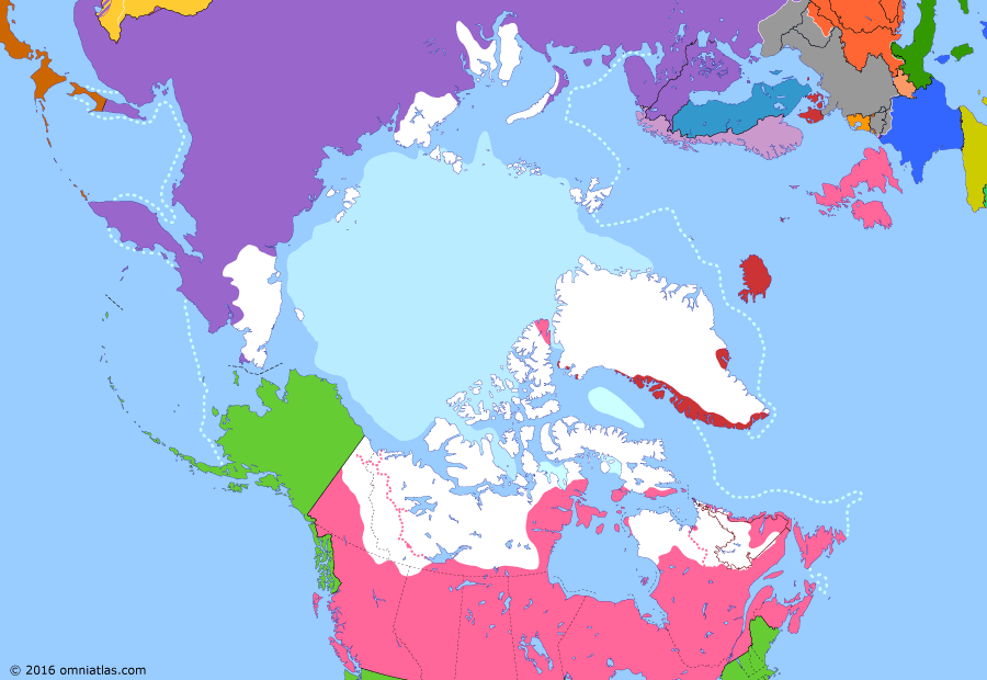 Political map of the Arctic & the Far North on 06 Apr 1917 (Claiming the Far North: Great War and the Arctic), showing the following events: Discovery of Severnaya Zemlya; Outbreak of World War I; Treaty of the Danish West Indies; Russian Arctic claim; Danish claim to Greenland; February Revolution; US declaration of war on Germany.