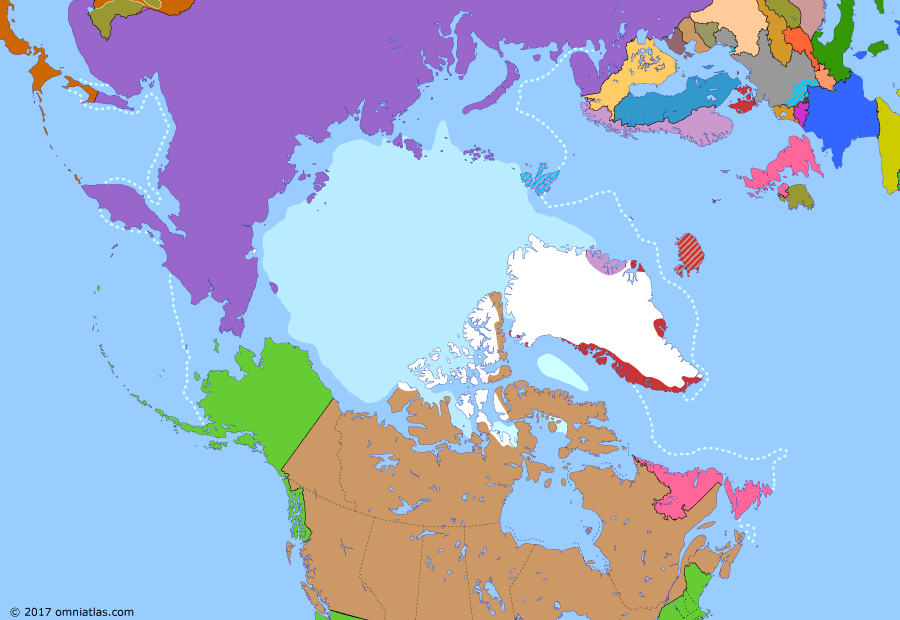 Political map of the Arctic & the Far North on 12 Jul 1932 (Claiming the Far North: Erik the Red's Land), showing the following events: Labrador settlement; Annexation of Franz Josef Land; Wall Street Crash; Norwegian claim to Victoria I.; Sverdrup Islands compromise; Erik the Red's Land; Japanese invasion of Manchuria; Statute of Westminster.