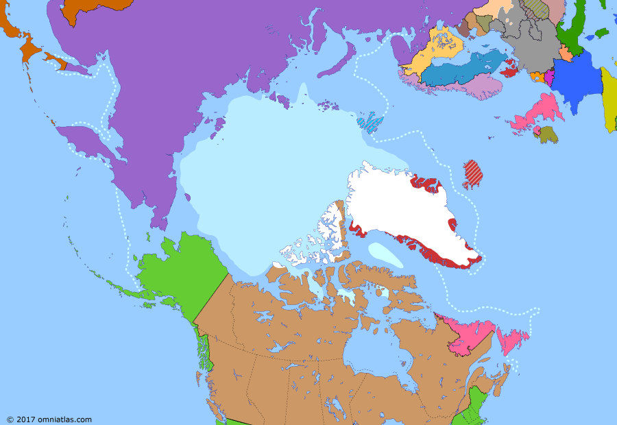 Political map of the Arctic & the Far North on 10 Sep 1939 (World War II in the Arctic: Outbreak of World War II), showing the following events: Chancellor Adolf Hitler; International Ruling on Greenland; Newfoundland Act; Japanese invasion of China; Molotov-Ribbentrop Pact; Germany invasion of Poland; Declaration of War on Germany; Declaration of war by Canada.