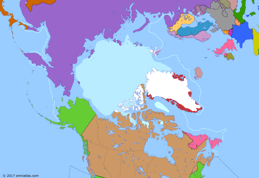 Political map of the Arctic & the Far North on 10 Apr 1940 (World War II in the Arctic: Invasion of Denmark and Norway), showing the following events: Declaration of Panama; Winter War; Invasion of Denmark; Norwegian Campaign; US warning on Greenland; Icelandic self-rule.