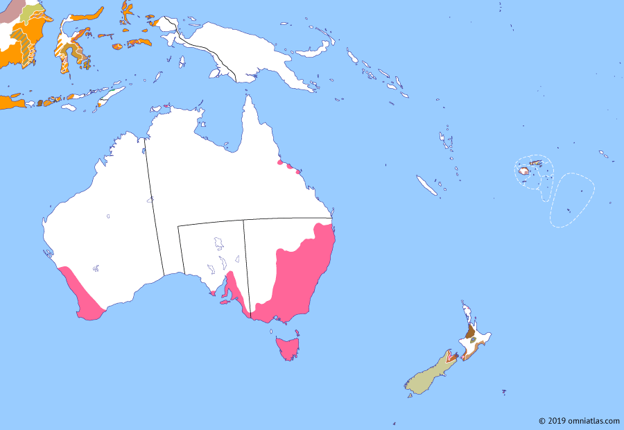 Political map of Australia, New Zealand & the Southwest Pacific on 17 Feb 1846 (The Australasian Colonies: Colony of North Australia), showing the following events: Maungahuka; Annexation of Chatham Islands; Bau-Rewa War begins; Wairau Affray; Flagstaff War; Leichhardt’s Overland Expedition; Colony of North Australia.