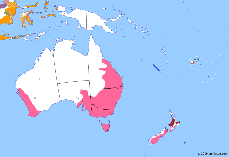 Political map of Australia, New Zealand & the Southwest Pacific on 12 Mar 1862 (Colonial Consolidation: Crossing the Outback), showing the following events: First Taranaki War; Burke and Wills Expedition; Battle of Fort Sumter; Otago Gold Rush; South Australian boundary change; Cullin-la-ringo massacre; Stuart’s sixth expedition.
