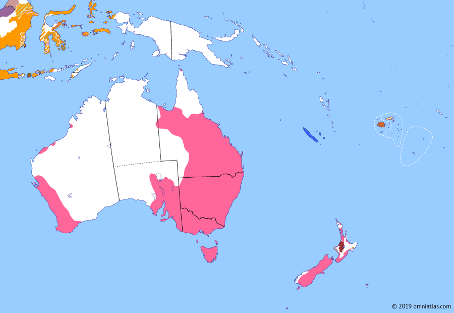Political map of Australia, New Zealand & the Southwest Pacific on 10 Nov 1868 (Colonial Consolidation: ‘Hauhau’ Wars), showing the following events: Wellington parliament; Lau Confederation; Kingdom of Bau; Coromandel Gold Rush; End of convict era in Western Australia; Tītokowaru’s War; Te Kooti’s War.