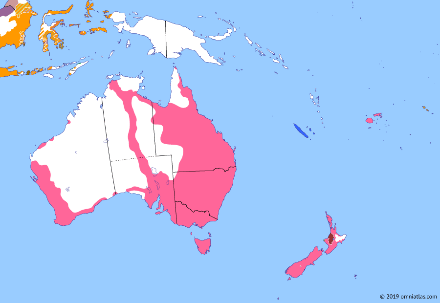 Political map of Australia, New Zealand & the Southwest Pacific on 13 Aug 1877 (Colonial Consolidation: British Western Pacific Territories), showing the following events: Kingdom of Samoa; Barrow Creek attack; Colony of Fiji; Australian East-West Telegraph; Kingdom of Tonga; Little War in Fiji; Te Ao Mārama; British Western Pacific Territories.