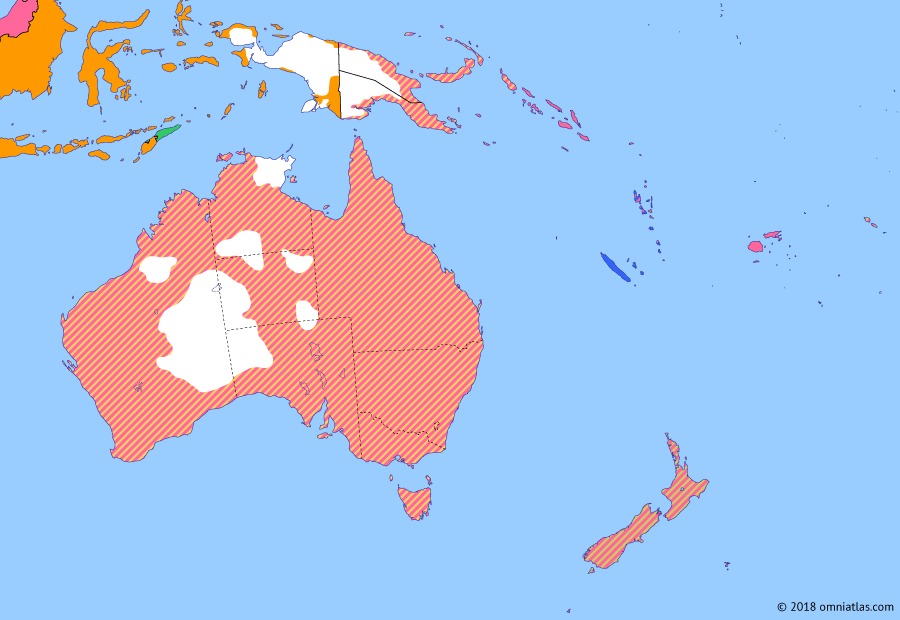 Political map of Australia, New Zealand & the Southwest Pacific on 18 Oct 1928 (Southern Dominions: League of Nations Mandates), showing the following events: New Guinea Mandate; Mandate of Nauru; Mandate of Western Samoa; South Pacific Mandate; 1923 Imperial Conference; North Australia and Central Australia; Mau movement; Coniston massacre.
