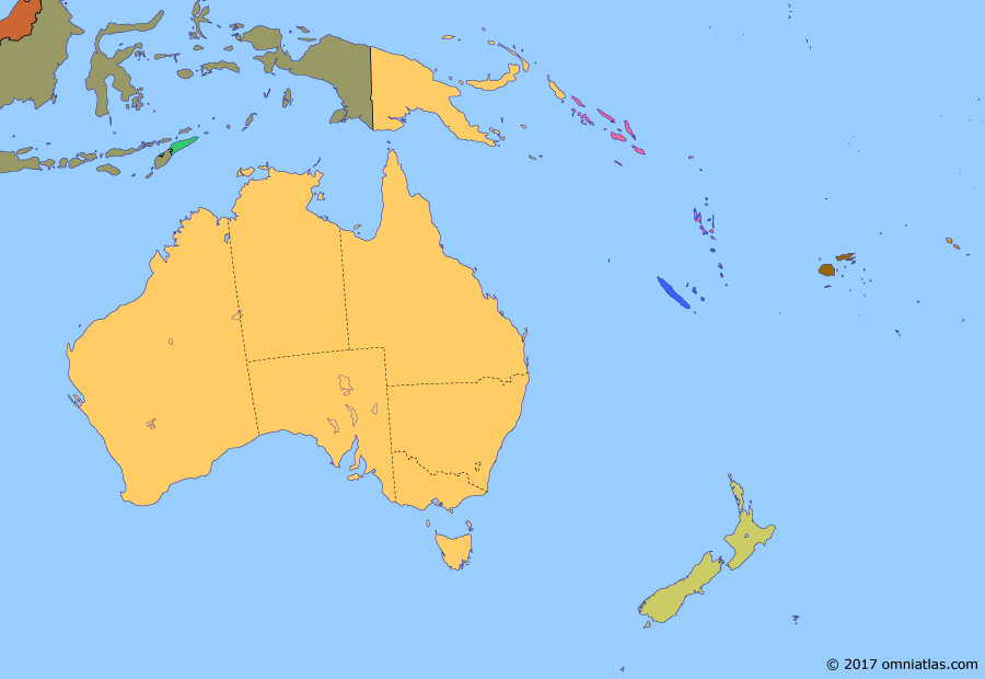 Political map of Australia, New Zealand & the Southwest Pacific on 02 Jul 1971 (Decolonization of the Pacific: Independence for the Pacific Islands), showing the following events: Konfrontasi; Cession of West New Guinea; Formation of Malaysia; Aboriginal Rights amendments; Independence of Nauru; Tongan Independence; Fijian Independence.