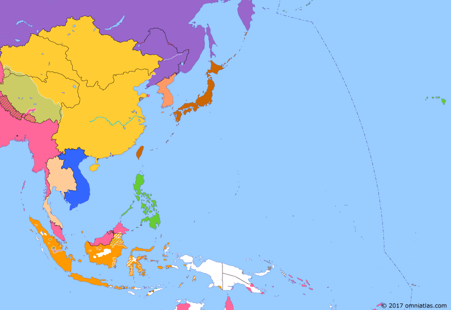 Political map of East Asia and the Western Pacific on 08 Feb 1904 (The Rise of Japan: Attack on Port Arthur), showing the following events: Dutch settle New Guinea frontier; Russia-China Convention; End of Philippine-American War; Pacification of Taiwan; British expedition to Tibet; Battle of Port Arthur.
