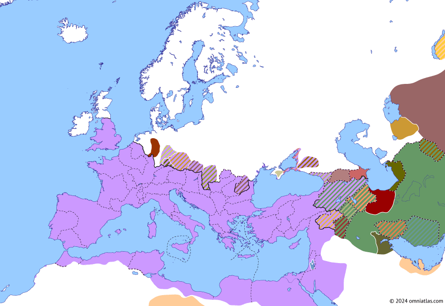 Political map of Europe & the Mediterranean on 30 Nov 132 (The Nerva–Antonine Dynasty: Bar Kokhba Revolt), showing the following events: Osroene Crisis; Dacia Porolissensis; Hadrian’s division of Italy; Pharasmanes the Valiant; Parthian Civil War of 129–40; Aelia Capitolina; Kingdom of Lazica; Bar Kokhba Revolt.