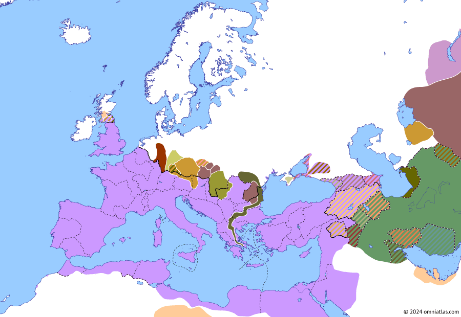 Political map of Europe & the Mediterranean on 27 Aug 170 (The Nerva–Antonine Dynasty: First Marcomannic War), showing the following events: End of Lucius Verus’ Parthian War; Langobard invasion of Pannonia; Iazygan War of 167–71; Great Marcomannic Raid; Chatti War of 170; Marcomannic campaign of 170; Great Costoboci Raid.