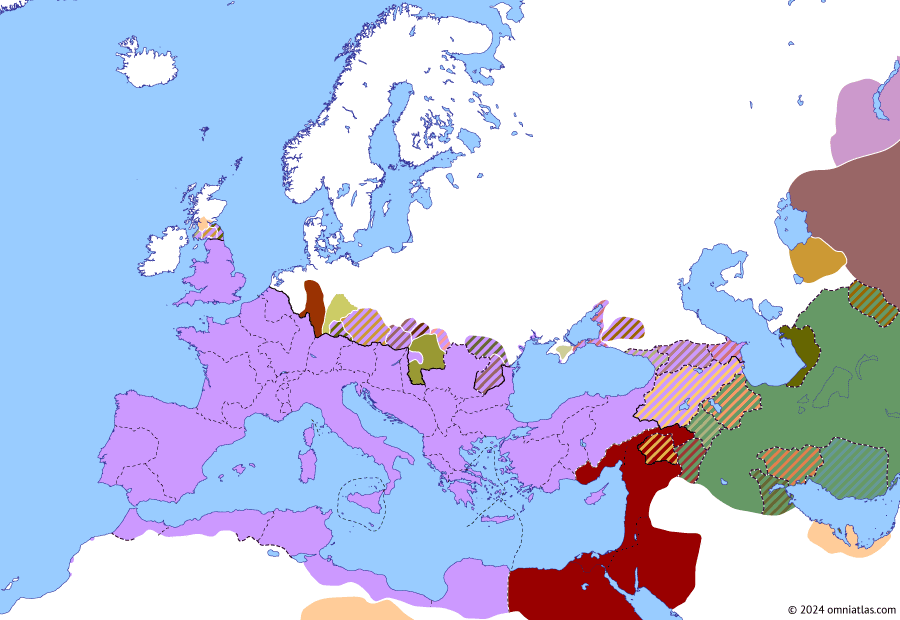 Political map of Europe & the Mediterranean on 03 May 175 (The Nerva–Antonine Dynasty: Avidius Cassius’ Revolt), showing the following events: Marcomannic campaigns of 171–2; Mauri War of 171; Vandal–Costoboci War; Chauci War of 172; Bucolic War; Danubian campaigns of 173–5; Avidius Cassius’ Revolt.