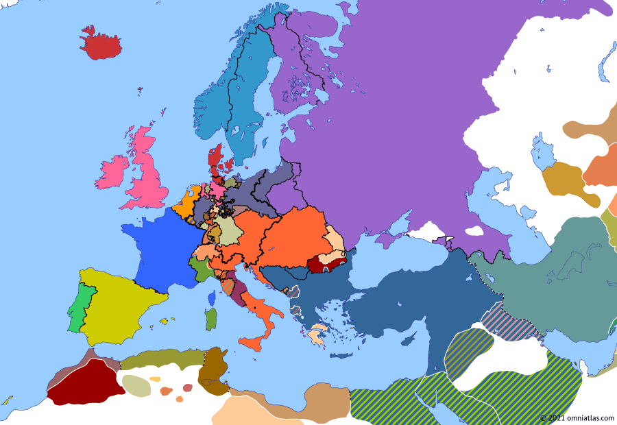 Political map of Europe & the Mediterranean on 22 Apr 1821 (Congress Europe: Greek War of Independence), showing the following events: Congress of Troppau; Congress of Laibach; Wallachian Uprising of 1821; Ypsilantis Rebellion; Defeat of the Carbonari; Carbonari Revolt in Piedmont; Greek Revolution; Death of Patriarch Gregory V.