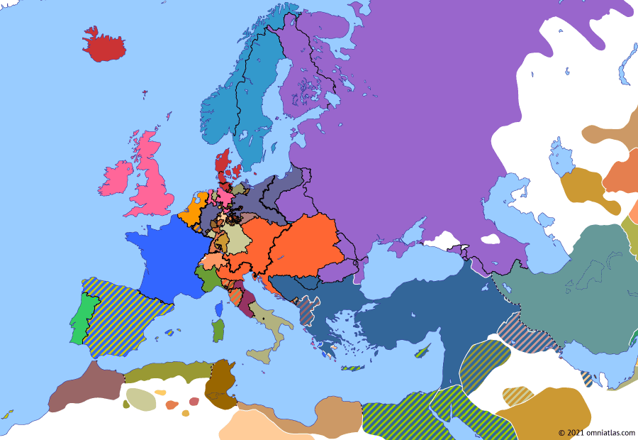 Political map of Europe & the Mediterranean on 30 Oct 1828 (Congress Europe: Morea Expedition), showing the following events: Treaty of Turkmenchay; Outbreak of Russo-Turkish War; Belfastada; Caucasus Front; Siege of Varna; Morea Expedition; Conference of Poros.