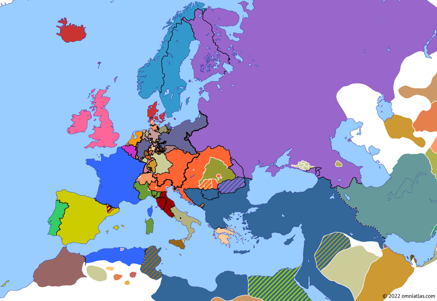 Political map of Europe & the Mediterranean on 23 Mar 1849 (The Springtime of Peoples: Battle of Novara), showing the following events: Austrians capture Buda-Pest; Roman Republic (19th Century); Tuscan Republic; March Constitution of Austria; Sardinia breaks truce with Austria; Naples resumes war in Sicily; Battle of Novara.