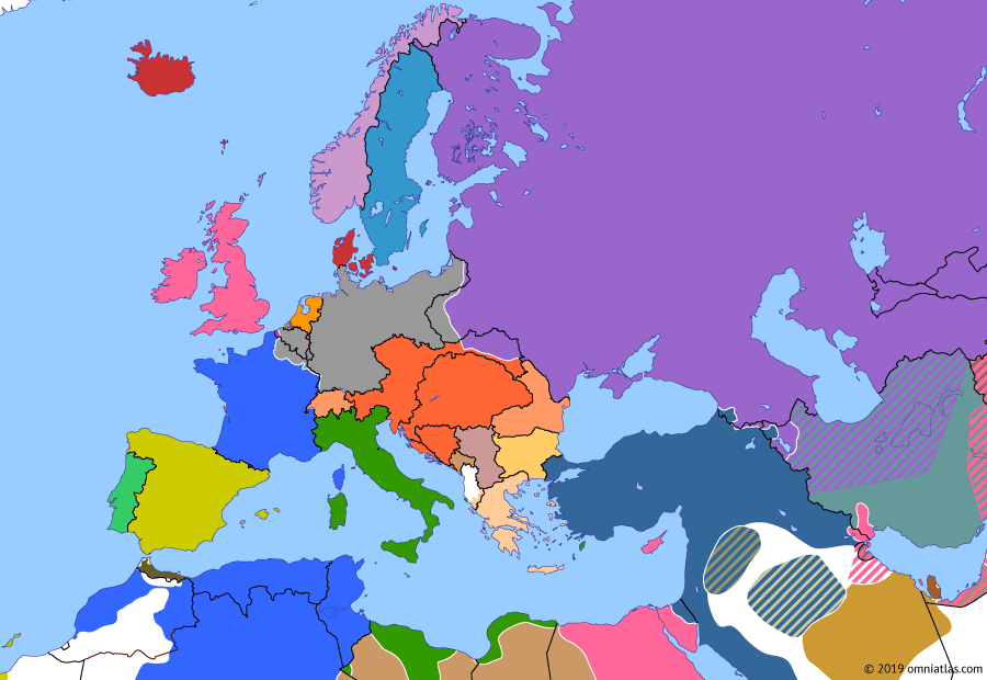 Political map of Europe & the Mediterranean on 26 Dec 1914 (The Great War: Stalemate on the Western Front), showing the following events: Miracle of the Marne; Battle of Masurian Lakes; Race to the Sea; First Battle of Ypres; Ottoman entry into World War I; First Battle of Champagne.
