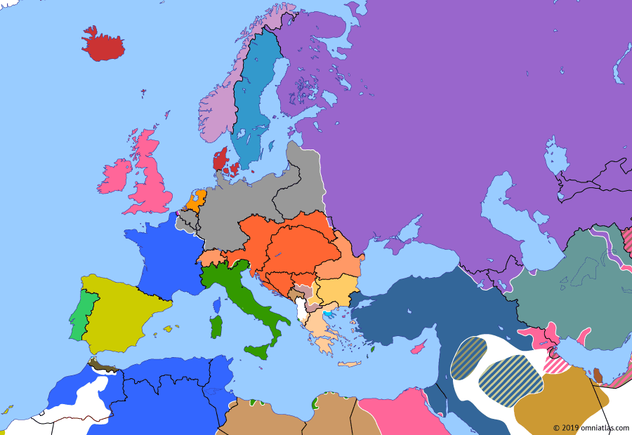 Political map of Europe & the Mediterranean on 04 Nov 1915 (The Great War: Central Power Breakthrough in the East), showing the following events: Gorlice-Tarnow Offensive; Sinking of the RMS Lusitania; Italian entry into WWI; Macedonian Front; Austria-Hungary and Germany capture Belgrade; Bulgaria's entry into WWI.
