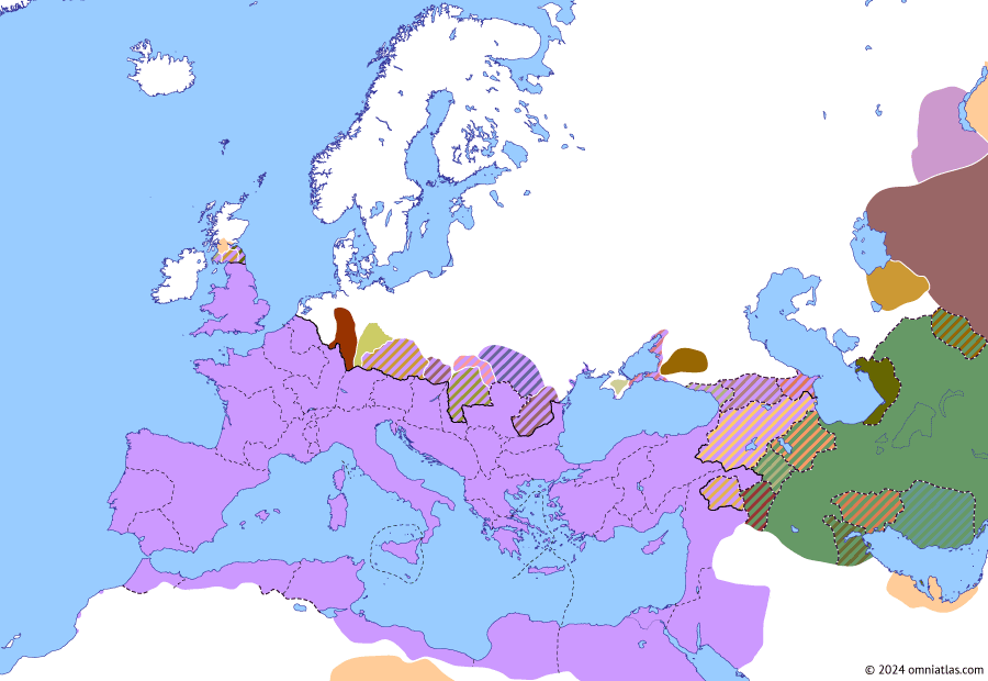 Political map of Europe & the Mediterranean on 30 Dec 192 (The Nerva–Antonine Dynasty: Reign of Commodus), showing the following events: Principate of Commodus; Commodus’ Marcomannic campaign; Commodus’ Britannic War; War of the Deserters; Osroes II of Parthia; Colonia Commodiana.