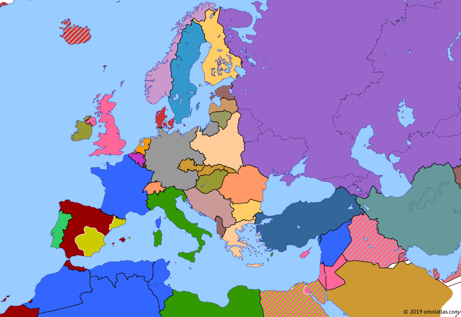 Political map of Europe & the Mediterranean on 02 Nov 1938 (The Rise of Fascism: Appeasement at Munich), showing the following events: Munich Agreement signed; Occupation of the Sudetenland; Poland occupies Teschen; Slovakia granted autonomy within Czechoslovakia; First Vienna Award.