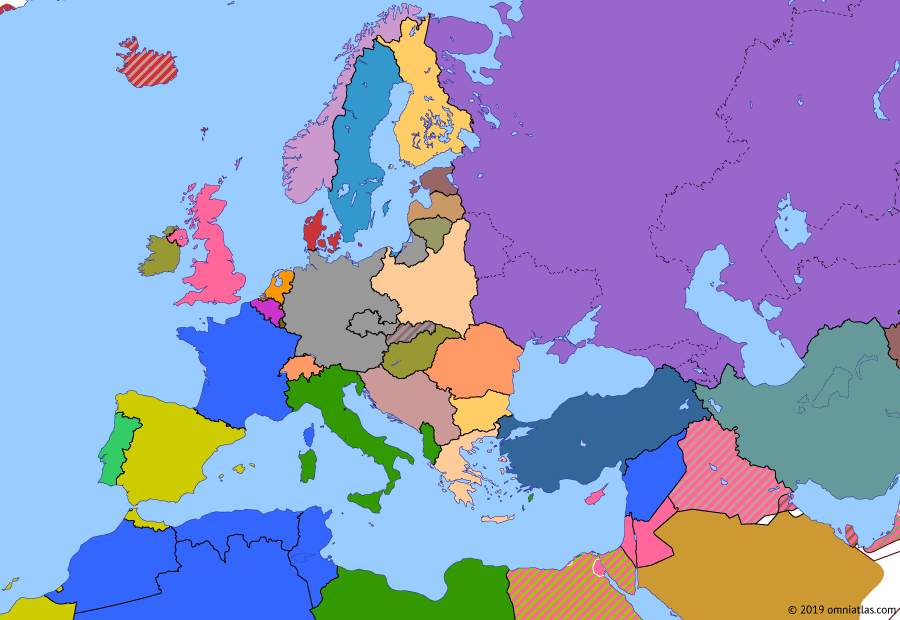Political map of Europe & the Mediterranean on 23 Aug 1939 (The Rise of Fascism: Molotov–Ribbentrop Pact), showing the following events: Slovakia accepts German protection; Lithuania cedes Memel to Germany; Slovak-Hungarian War; Spanish Nationalists launch final offensive; Franco declares end of Spanish Civil War; Italy seizes Albania; Molotov-Ribbentrop Pact.