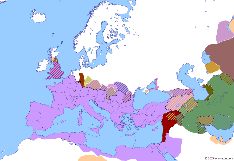 Political map of Europe & the Mediterranean on 31 Mar 194 (The Severan Dynasty: Second Battle of Issus), showing the following events: Severus’ Italian campaign; Principate of Septimius Severus; Expansion of Sauromates II; Severus–Albinus pact; Severus’ Siege of Byzantium; Battle of Nicaea; Second Battle of Issus.