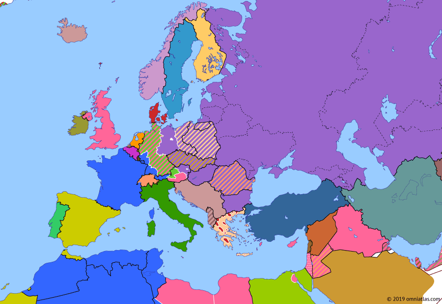 Political map of Europe & the Mediterranean on 10 Feb 1947 (The Cold War: Paris Peace Treaties), showing the following events: Nuremberg Trials; Greek Civil War; Bizone; Treaty of Peace with Italy; Paris Peace Treaties; Paris Peace Treaties.