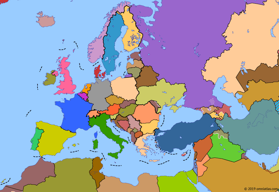 Political map of Europe & the Mediterranean on 16 Aug 2008 (Post-Cold War Europe: South Ossetia War), showing the following events: Vilnius Group; 2004 enlargement of EU; Orange Revolution; Cedar Revolution; 2006 Lebanon War; 2007 enlargement of EU; Subprime mortgage crisis; Kosovo independence declaration; South Ossetia War.