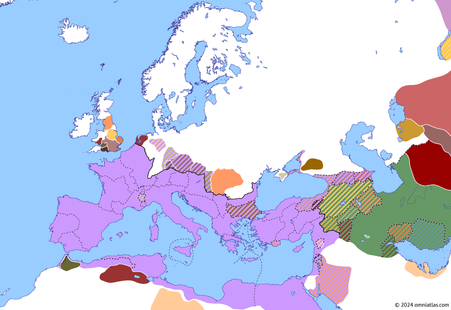 Political map of Europe & the Mediterranean on 23 Jan 41 AD (The Julio-Claudian Dynasty: Reign of Caligula), showing the following events: Parthian Civil Wars of 36–42; Principate of Caligula; Reign of Herod Agrippa; Caligula’s interference in Armenia; Caligula’s Commagene; Caligula’s Northern Campaign; Seizure of Mauretania.
