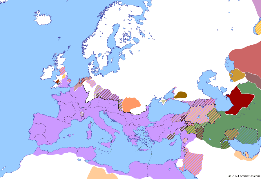 Political map of Europe & the Mediterranean on 30 Apr 47 AD (The Julio-Claudian Dynasty: Roman Conquest of Britain), showing the following events: Plautius’ Campaigns in Britain; Claudian Rhodes; Roman Mauretania; Parthian Civil War of 45–47; Roman Thrace; Jacob and Simon Uprising; Paul’s Missionary Journeys.