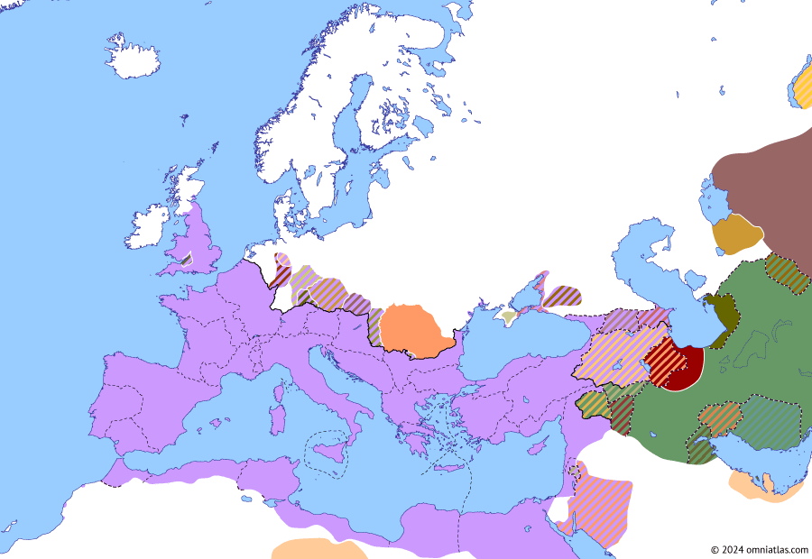 Political map of Europe & the Mediterranean on 24 Oct 79 AD (The Flavian Dynasty: Agri Decumates), showing the following events: Agri Decumates; Limes Tripolitanus; Vespasian’s Caucasus Expedition; Parthian Civil War of 78–80; Principate of Titus; Destruction of Pompeii.