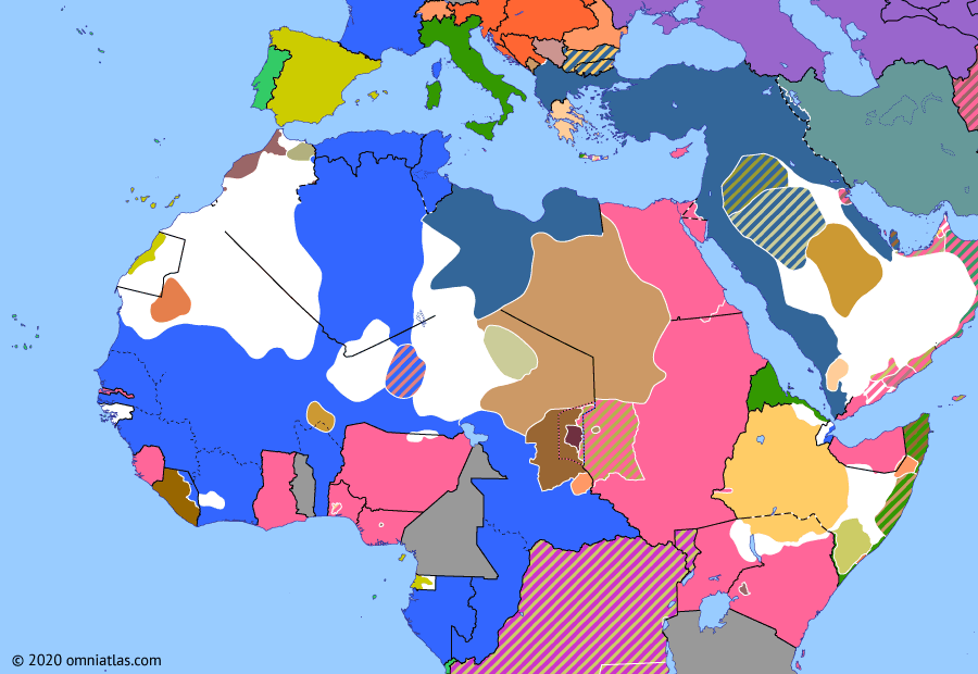 Political map of Northern Africa on 12 Feb 1906 (Scramble for Africa: Conquest of the Sahara), showing the following events: Algerian-AOF line; Karma revolt; Algeciras Conference; Occupation of Agadez; Ottoman intervention in Tibesti; Ubangi-Shari-Chad.