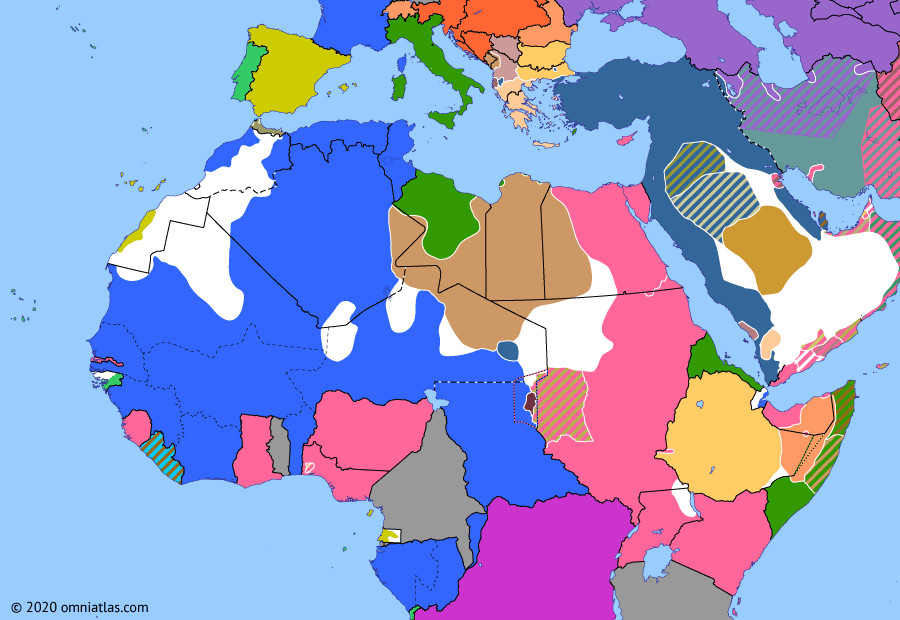 Political map of Northern Africa on 14 Mar 1913 (Scramble for Africa: French invasion of the Tibesti), showing the following events: Ottoman evacuation of Tibesti; Italian invasion of the Dodecanese; First Balkan War; Treaty of Ouchy; Spanish Morocco; French invasion of the Tibesti.