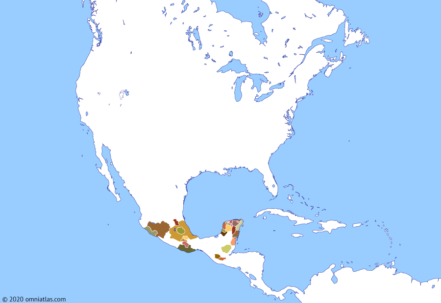 Political map of North America & the Caribbean on 10 Apr 1486 (Late Pre-Columbian Era: Aztec expansion), showing the following events: Tarascan expansion; Iroquois Confederacy; Flower Wars; Reign of Axayacatl; Kaqchikel Kingdom; Salitre War; Reign of Tizoc.