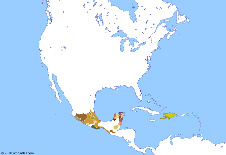 Political map of North America & the Caribbean on 07 Jan 1503 (The Age of Columbus: First Spanish attempts on the Mainland), showing the following events: Rodrigo de Bastidas’ voyage; African slavery in Santo Domingo; Puerto de las Perlas; Coquivacoa Governorate; Columbus’ fourth voyage; Reign of Moctezuma II; Santa María de Belén.