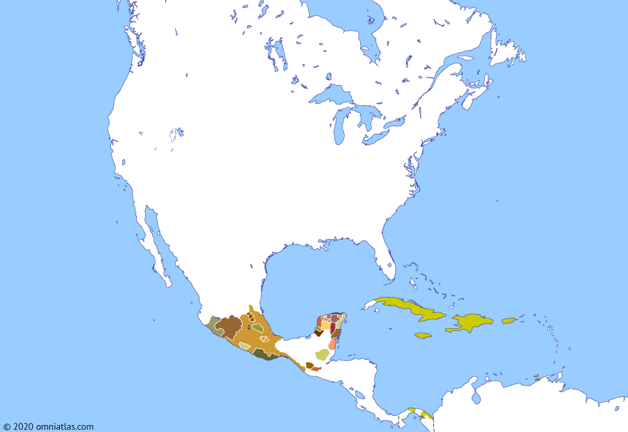 Political map of North America & the Caribbean on 22 Apr 1519 (The Conquistadors: Cortés’ expedition to Mexico), showing the following events: Grijalva’s first expedition; Cortés’ expedition to Mexico; Hispaniola Smallpox Epidemic; Santa María de la Victoria; De Pineda’s expedition; Foundation of Veracruz.