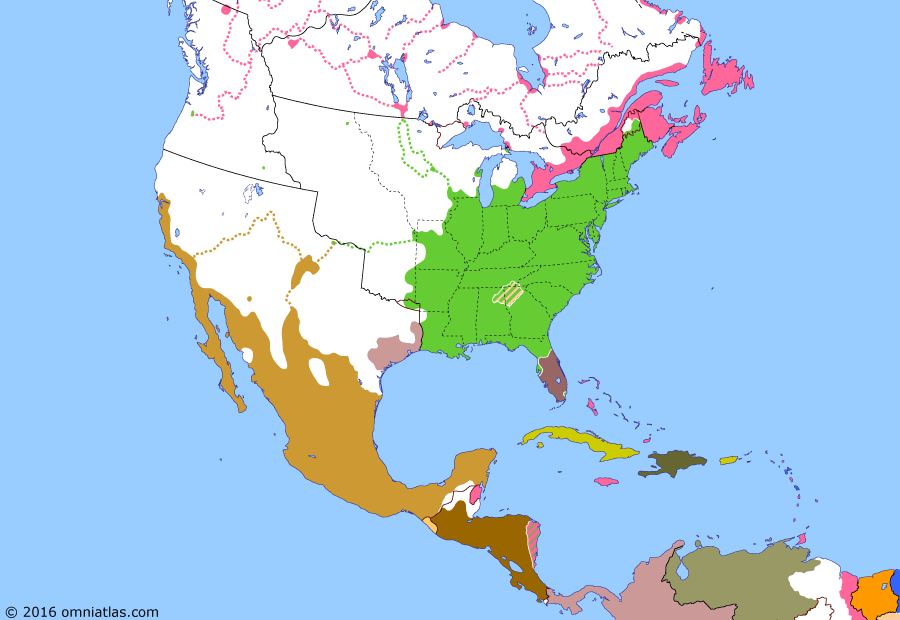 Political map of North America & the Caribbean on 28 Dec 1835 (Successors of New Spain: Second Seminole War), showing the following events: Chicakasaw removal; Force Bill; Plan of Cuernavaca; Emancipation Day; Zacatecas Rebellion of 1835; Battle of Gonzales; Dade Massacre.