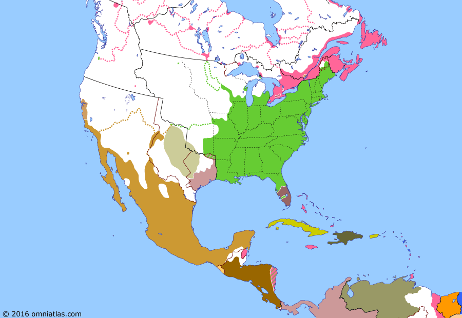 Political map of North America & the Caribbean on 05 Dec 1837 (Successors of New Spain: Canadian Rebellions), showing the following events: Treaties of Velasco; Fort Parker massacre; Statehood for Arkansas; Formation of Wisconsin Territory; Alvarado's Rebellion; Seminole removal; Statehood for Michigan; US recognition of Texas; Lower Canada Rebellion; Upper Canada Rebellion.