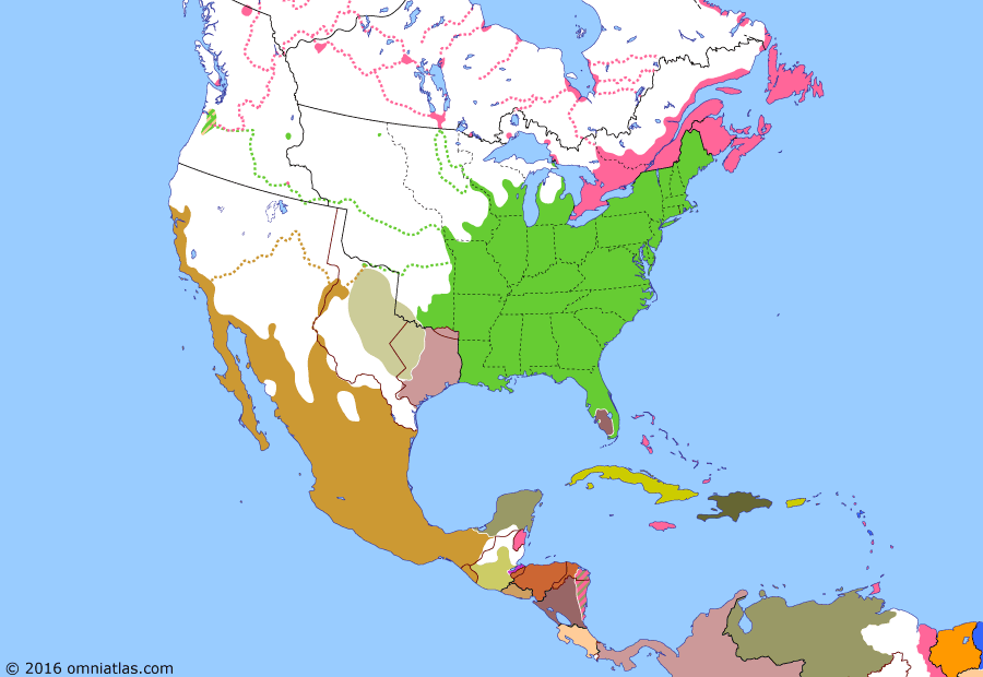 Political map of North America & the Caribbean on 02 Oct 1843 (Manifest Destiny: Oregon Dispute), showing the following events: Jones's War; Webster-Ashburton Treaty; Mier Expedition; Construction of Fort Victoria; Santo Tomás Colony; Naval Battle of Campeche; Creation of Provisional Government of Oregon; Great Migration of 1843.
