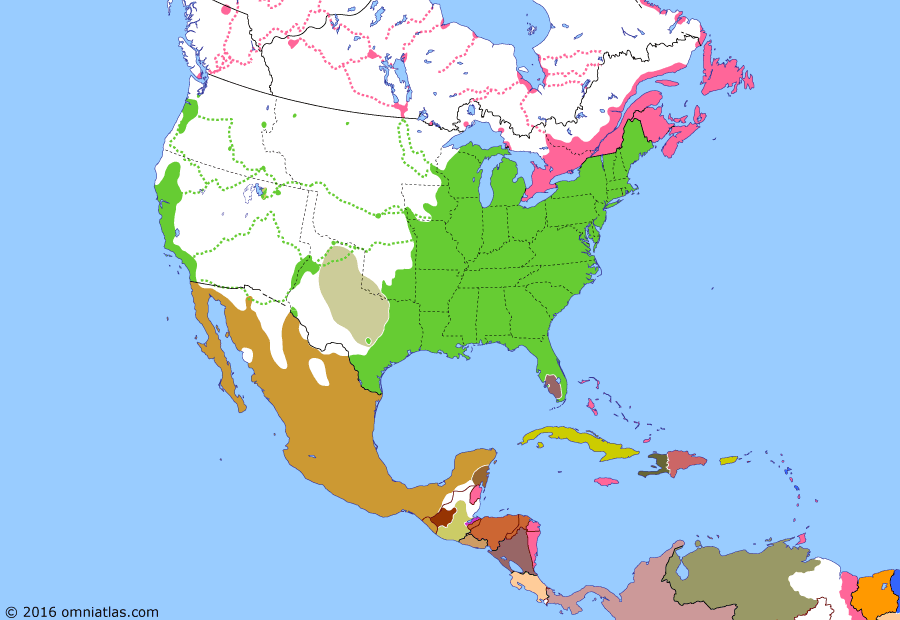 Political map of North America & the Caribbean on 11 Feb 1849 (Manifest Destiny: California Gold Rush), showing the following events: California Gold Rush; Yucatan Bill; Mexico ratifies Guadalupe Hidalgo; Wisconsin becomes US state; Oregon Territory organized; End of the Republic of Yucatan; Los Altos independent; Colony of Vancouver Island.