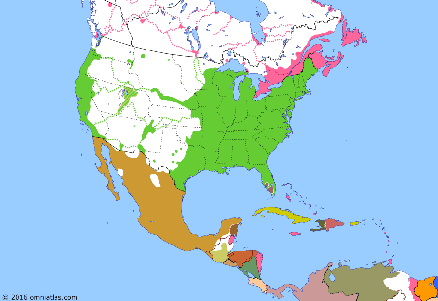 Political map of North America & the Caribbean on 06 Dec 1855 (Manifest Destiny: Bleeding Kansas), showing the following events: Ayutla Revolution; Convention of Kanagawa; Kansas-Nebraska Act; Bombardment of Greytown; Ostend Manifesto; Walker's Conquest of Nicaragua; Yakima War; Bleeding Kansas.
