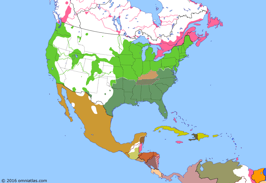 Political map of North America & the Caribbean on 21 Jul 1861 (American Civil War: First Battle of Bull Run), showing the following events: Virginia votes to secede; Union blockade declared; Arkansas secedes; Kentucky declares neutrality; North Carolina secedes; Pro-Confederate Missouri governor flees; Tennessee secedes; Battle of Bull Run.