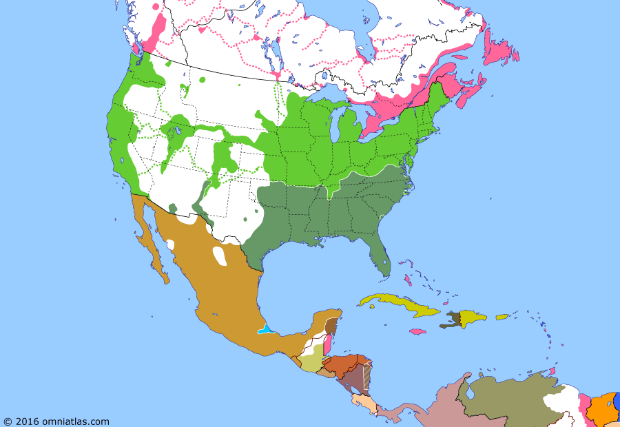 Political map of North America & the Caribbean on 07 Apr 1862 (American Civil War: Battle of Shiloh), showing the following events: British & French arrive in Mexico; US takes Forts Henry & Donelson; Battle of Hampton Roads; New Mexico Campaign; Peninsula Campaign begins; Battle of Glorieta Pass; Battle of Shiloh.