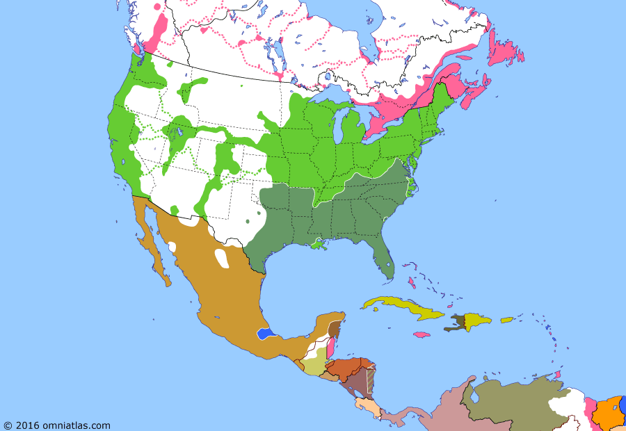 Political map of North America & the Caribbean on 17 Sep 1862 (American Civil War: Battle of Antietam), showing the following events: French repulsed at Puebla; British Honduras formed; Seven Days Battles; Northern Virginia Campaign; Dakota War; Battle of Antietam.