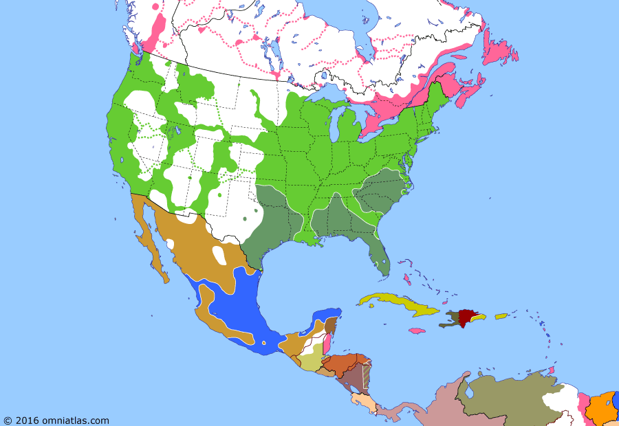 Political map of North America & the Caribbean on 21 Dec 1864 (American Civil War: Sherman's March to the Sea), showing the following events: Siege of Petersburg begins; Atlanta Campaign; French capture Monterrey; Nevada becomes US state; Sherman's March to the Sea; First Battle of Adobe Walls; Sand Creek massacre; Battle of Nashville.