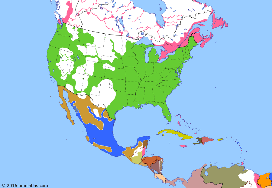Political map of North America & the Caribbean on 22 Jan 1866 (Closing the Frontier: French withdrawal from Mexico), showing the following events: Assassination of Abraham Lincoln; Confederacy dissolved; Johnson's May 9 Declaration; Last Confederate forces surrender; French capture Chihuahua; Napoleon III declares victory in Mexico.