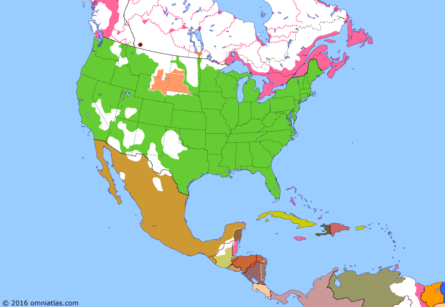 Political map of North America & the Caribbean on 15 Jul 1870 (Closing the Frontier: Rupert's Land Act), showing the following events: Transfer of Alaska; Treaty of Fort Laramie; Wyoming Territory; Pacific Railroad opens; Red River Rebellion; Battle of Eccles Hill; Manitoba Act; Rupert's Land Act takes effect.