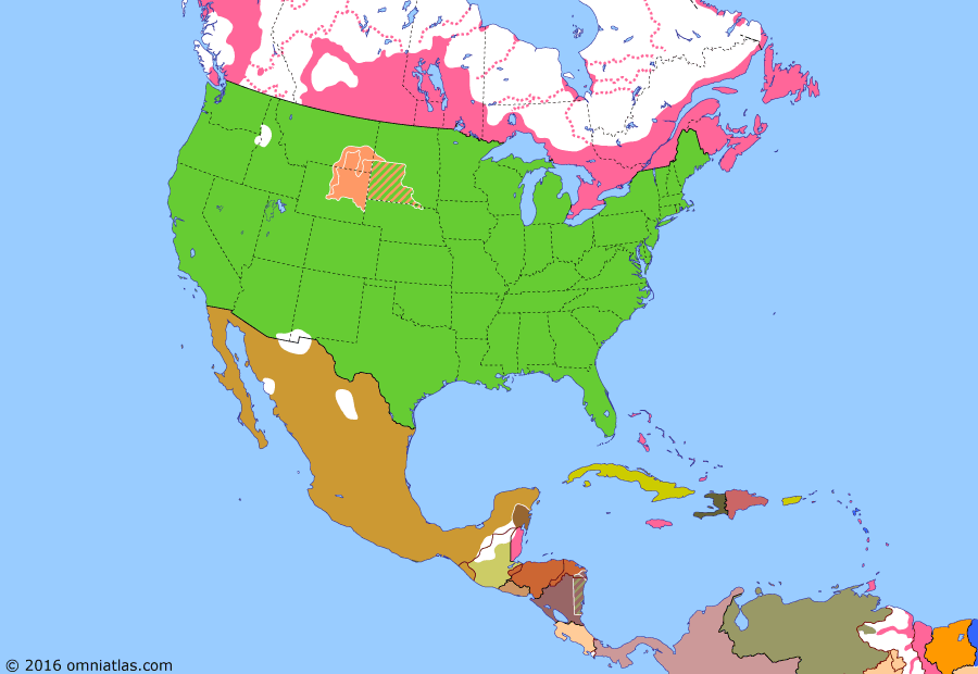 Political map of North America & the Caribbean on 25 Jun 1876 (Closing the Frontier: Great Sioux War), showing the following events: British Columbia joins Canada; Modoc War; San Juan Islands award; Prince Edward I. joins Canada; Red River War; Mounties march west; Great Sioux War; Battle of Little Bighorn; Keewatin Act.