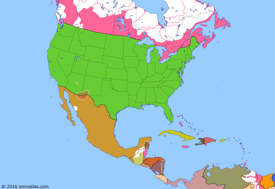 Political map of North America & the Caribbean on 16 Jul 1882 (Closing the Frontier: Apache Wars), showing the following events: Colorado becomes US state; Eisenstuck Affair; Sioux and Cheyenne surrender; Nez Perce War; St Barthelemy to France; Victorio's War; White River War; Geronimo flees to Mexico; Apache raid central Arizona.