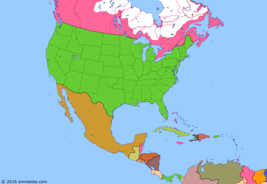 Political map of North America & the Caribbean on 04 May 1904 (American Empire: Panamian Rebellion), showing the following events: Caste War of Yucatán ends; Hay-Pauncefote Treaty; Cuba independent; Second Venezuela Crisis; Platt Amendment; Hay-Herbert Treaty; Panamanian Rebellion; Hay-Bunau-Varilla Treaty.