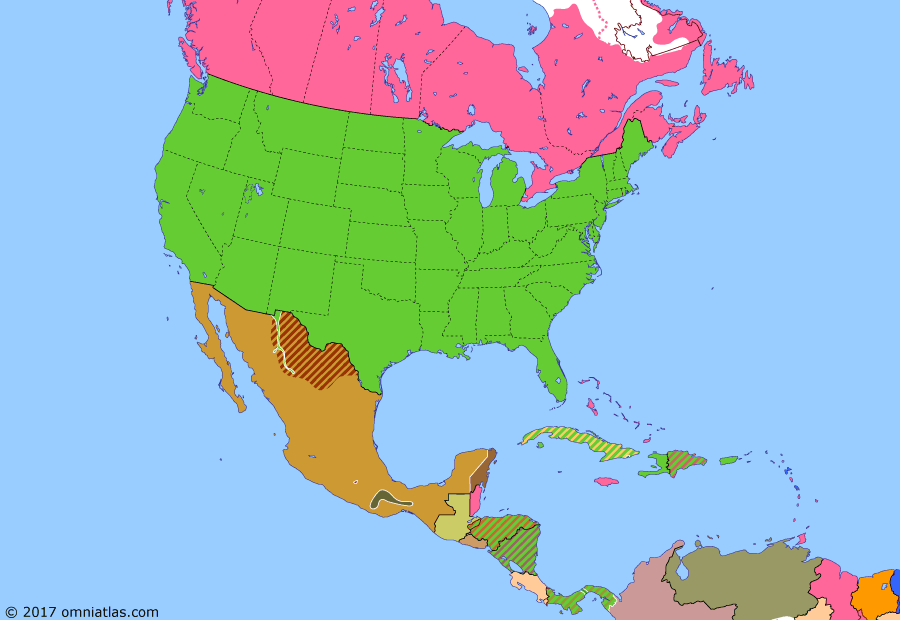 Political map of North America & the Caribbean on 11 Apr 1916 (American Empire: Pancho Villa Expedition), showing the following events: Villa & Zapata take Mexico City; Villa & Zapata expelled from Mexico City; Sinking of the RMS Lusitania; US occupies Haiti; Villa raids New Mexico; US Mexican Expedition.